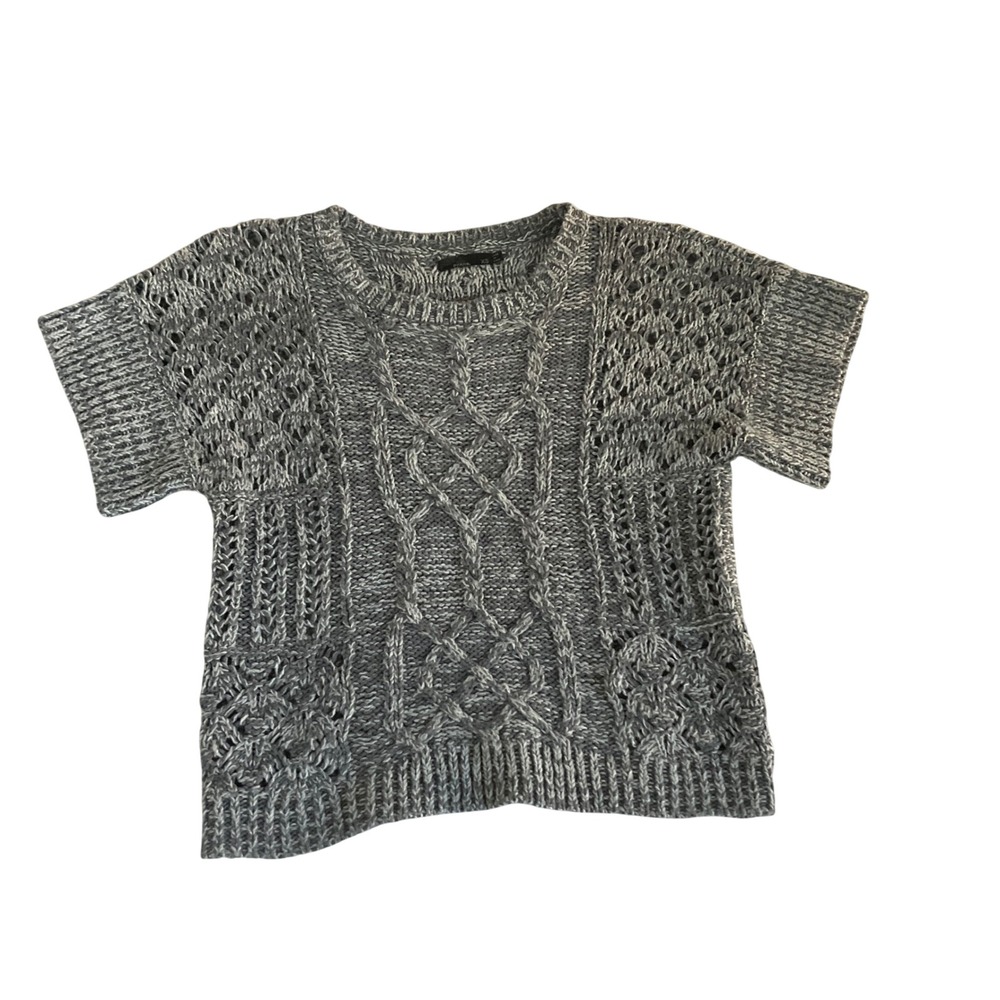 prAna Sweater Women XS Grey Cable Knit Open Stitch Short Sleeve Cotton